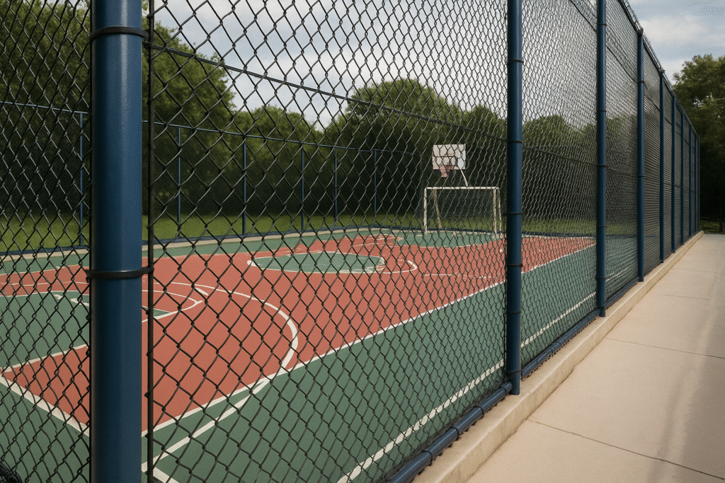 Quadra esportiva com foco na tela de aço