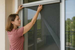 Mulher aplicando uma tela de mosquiteiro em sua janela